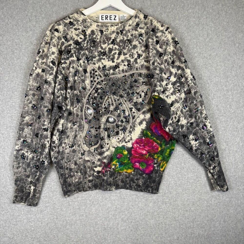 Erez Women's Medium Grey Lambs Wool Angora Hair Pullover Sweater Animal Print